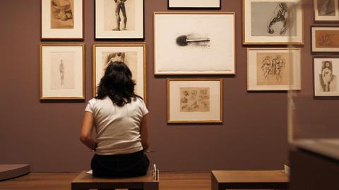 A woman sits on a bench in front of prints at the Harvard Art Museums