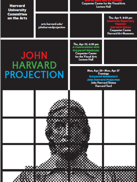 Poster from John Harvard Projection Project with an image of the John Harvard statue and program details
